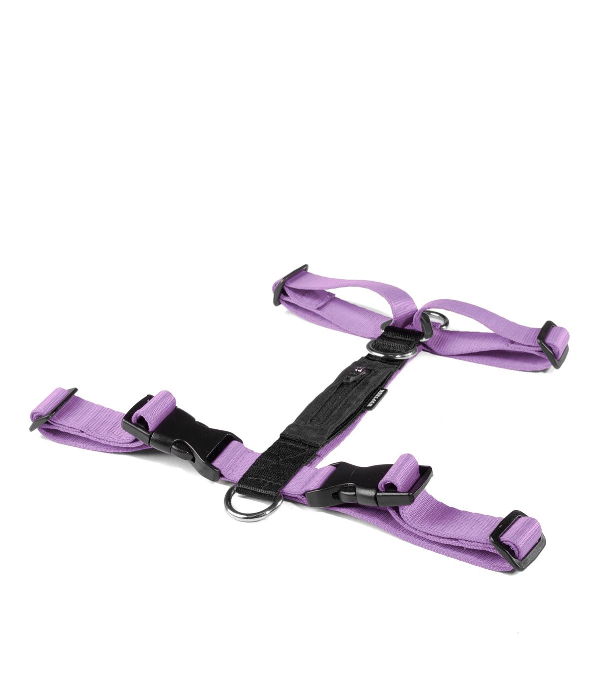 Un arnés H para perros color lila con negro visto de perfil