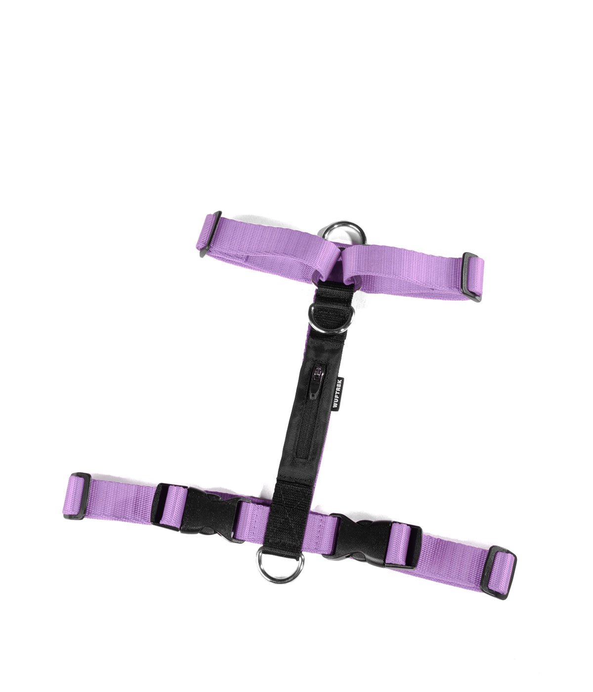 Un arnés H para perros color lila con negro visto desde arriba