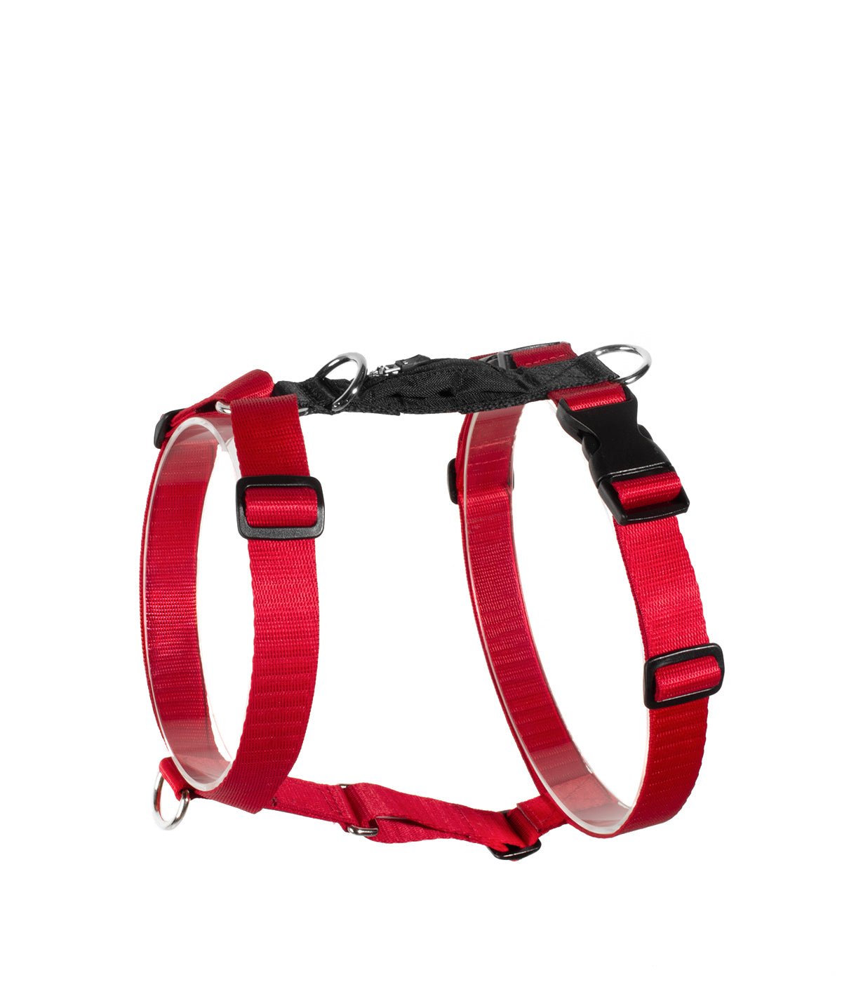 Un arnés H para perros color rojo con negro visto de lado