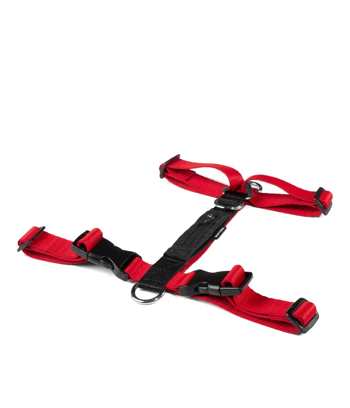 Un arnés tipo H para perros color rojo con negro visto de perfil