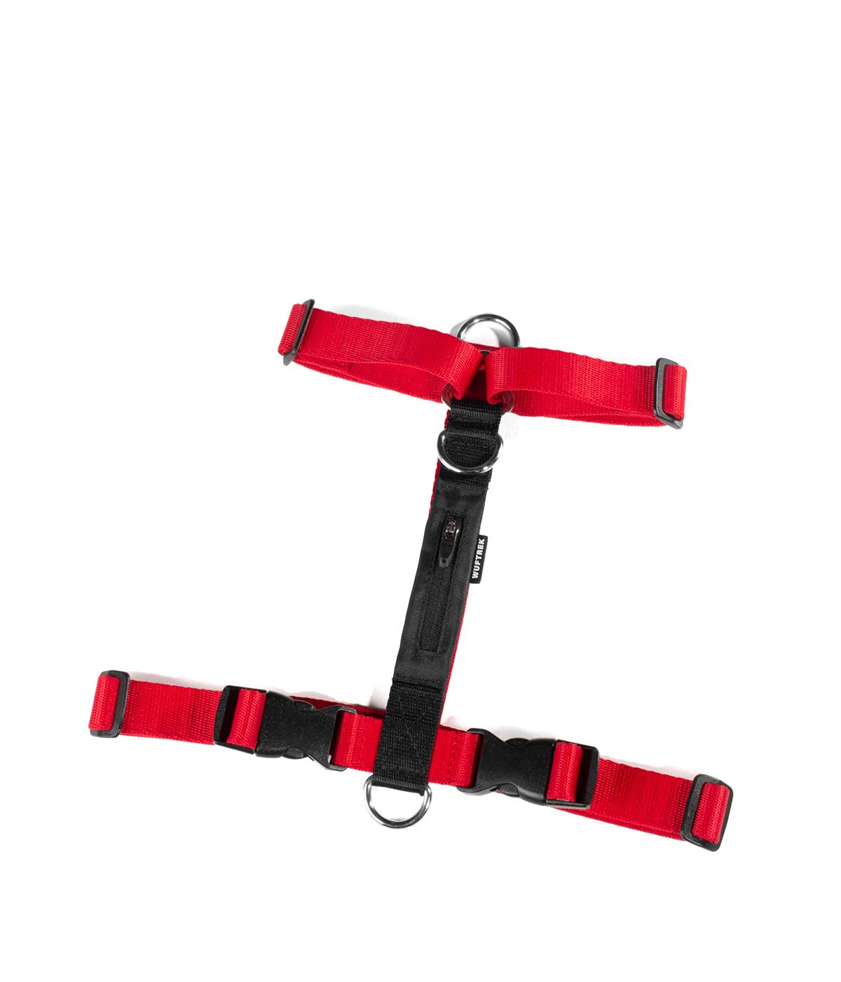 Un arnés tipo H para perros color rojo con negro visto desde arriba