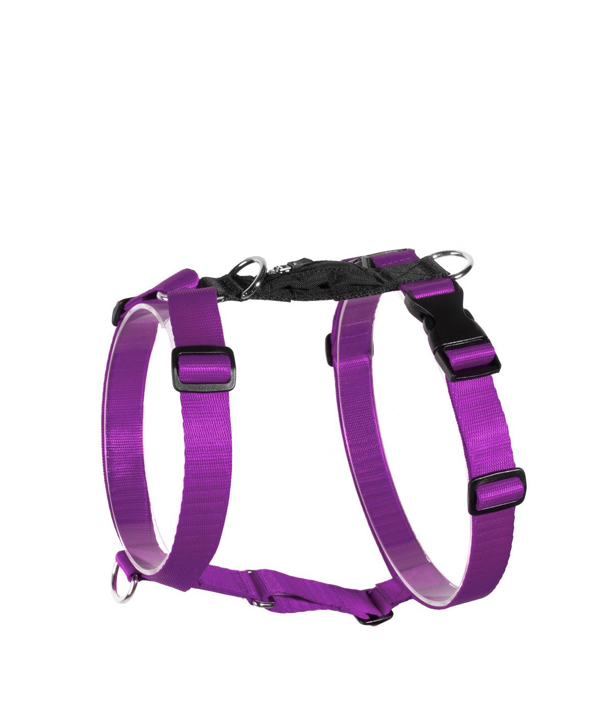 Un arnés H para perros color violeta con negro visto de lado