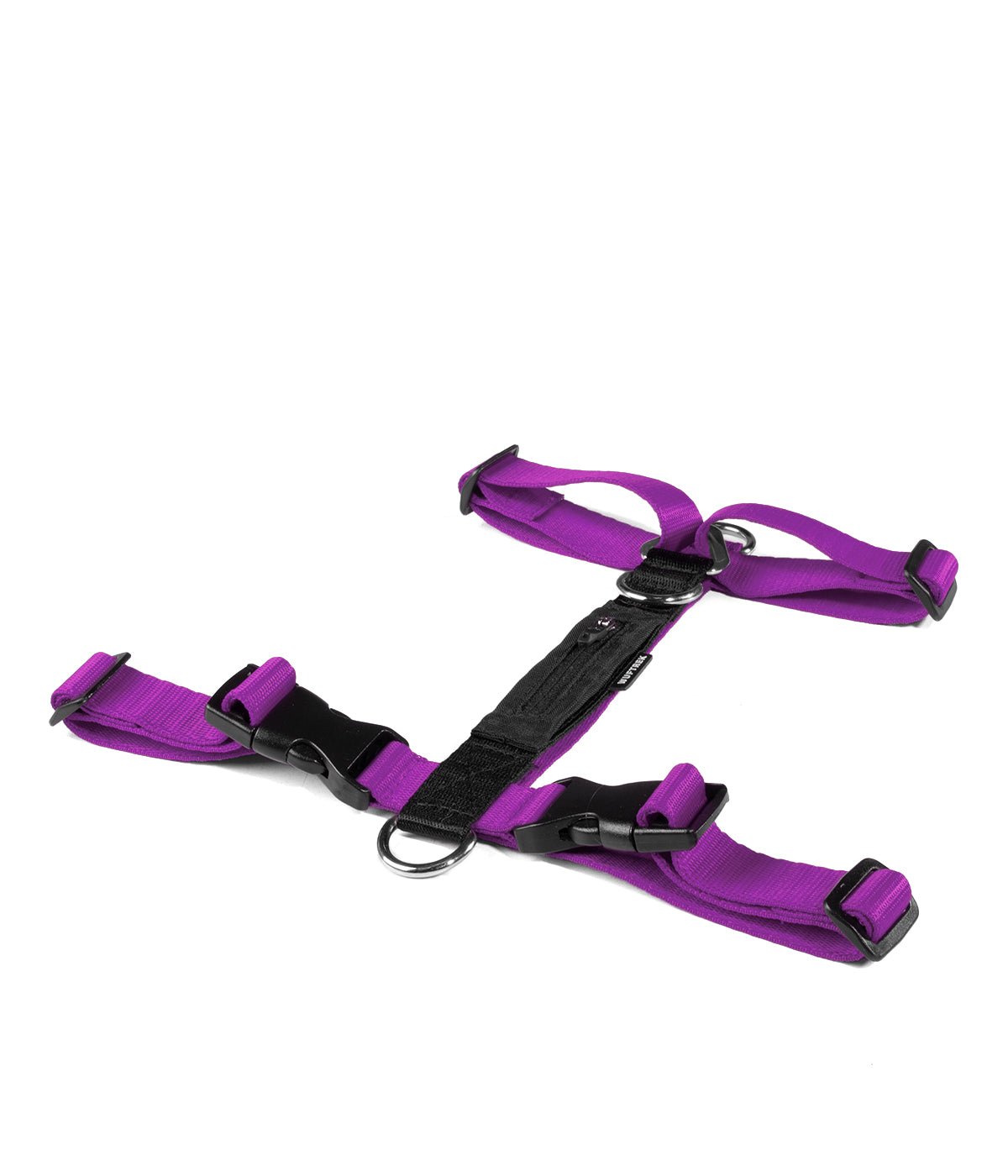 Un arnés H para perros color violeta con negro visto de perfil