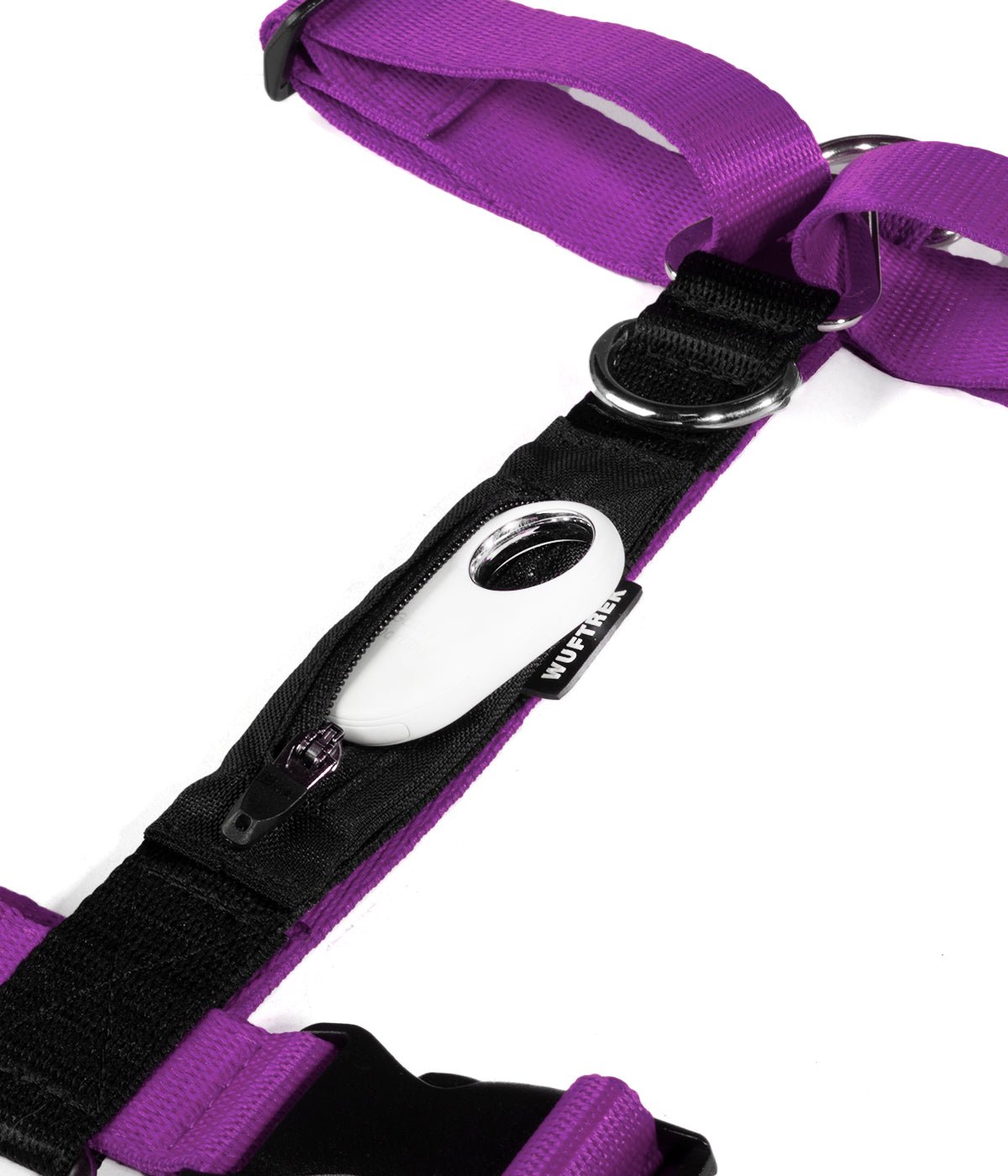 Detalle de un SmartTag de Samsung saliendo del bolsillo de un arnés tipo H para perros color violeta con negro