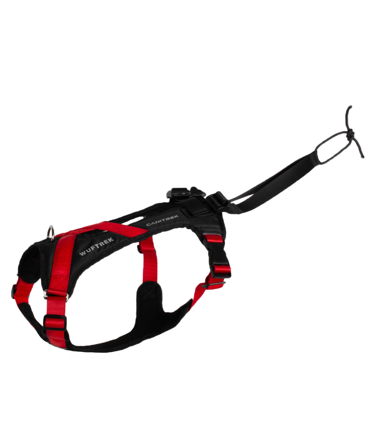 Side view of a red-and-black canicross dog harness
