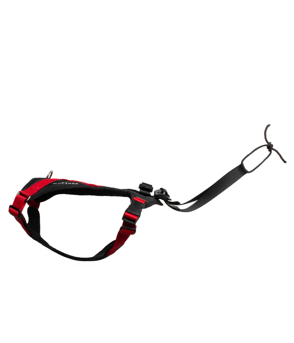 Un Arnes para canicross visto de lado derecho, color rojo con negro, mostrando el detalle del producto y la tira de enganche con el loop