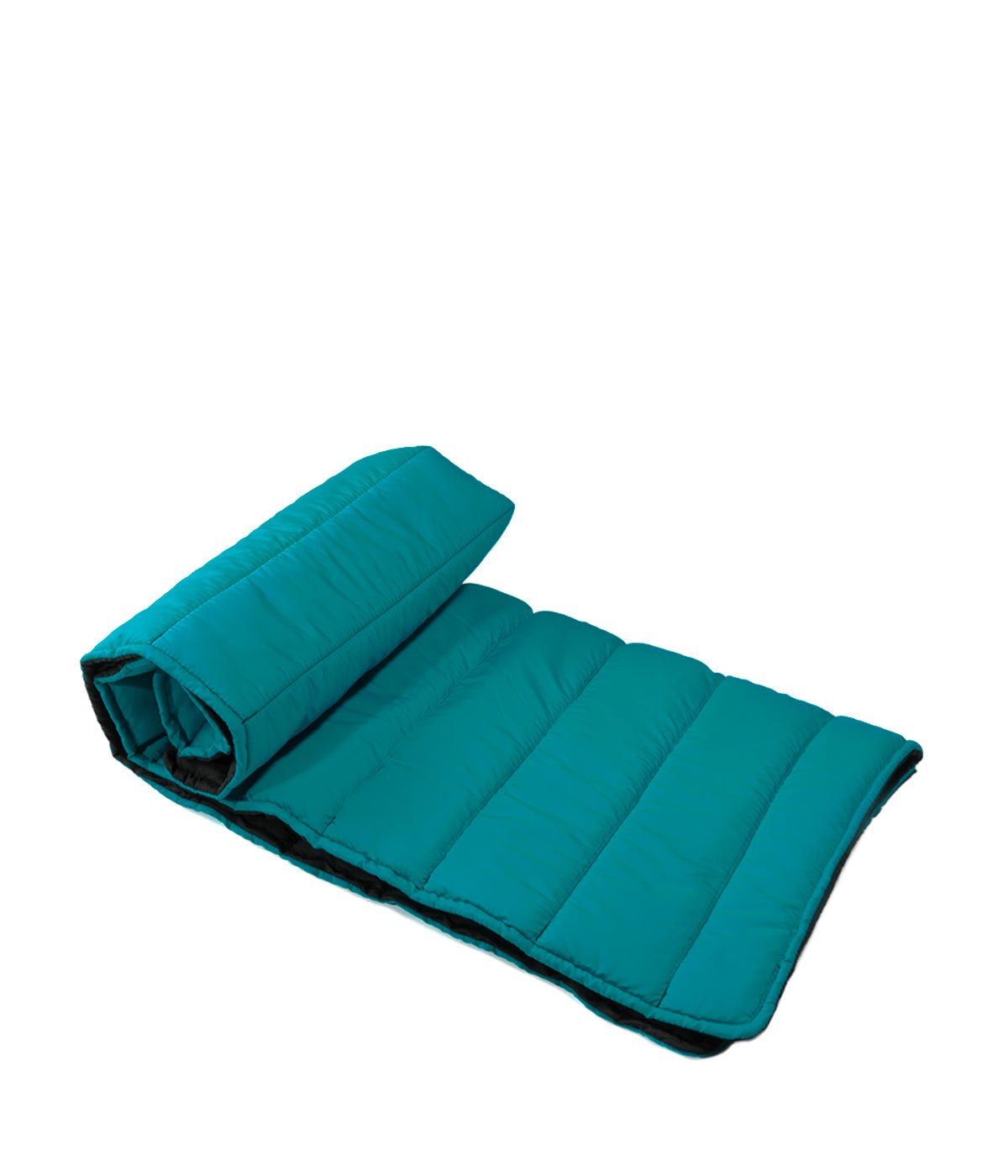 Una cama para perros medio enrollada en color azul turquesa