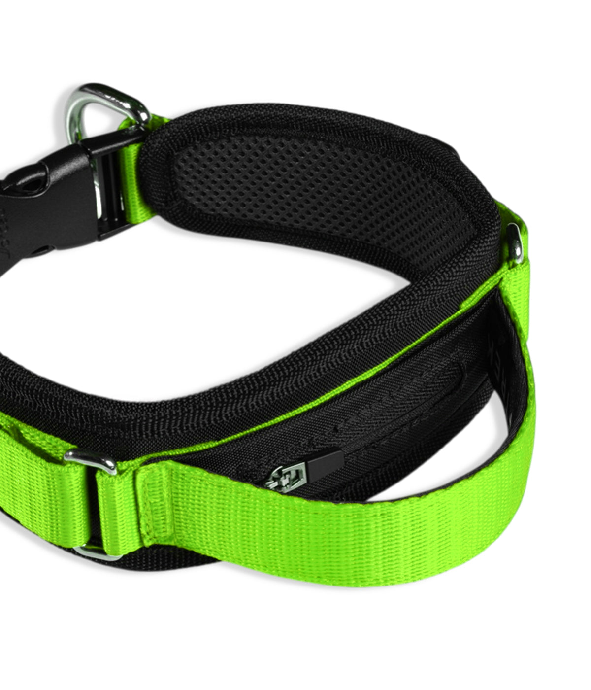 Un collar ancho color negro con verde limón, con manija de agarre, bolsillo para localizador y dos argollas de enganche al frente