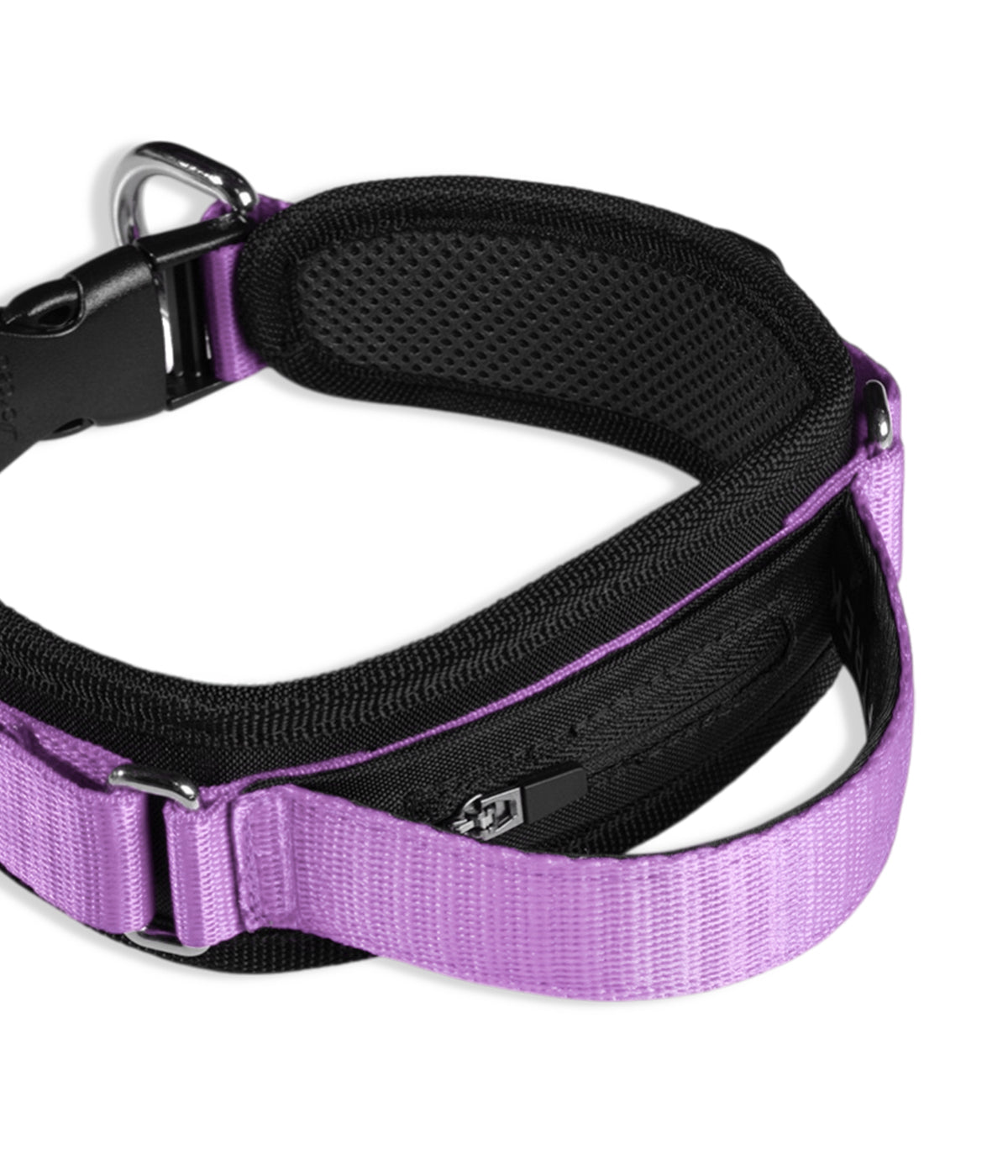 Rear view of the black and lilac MaxTrek Find dog collar with control handle, tracker pocket, and two attachment rings