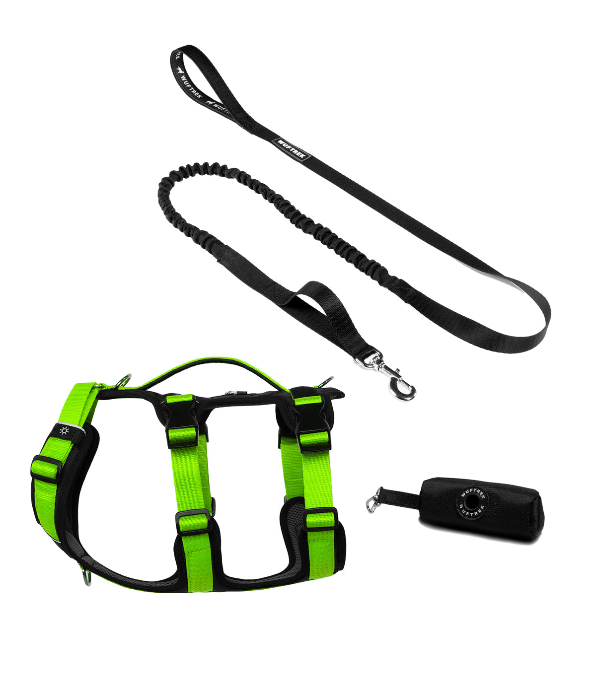 Dog set with neon green TrekFit Y-3 harness, black TrekShock leash, and black waste bag holder