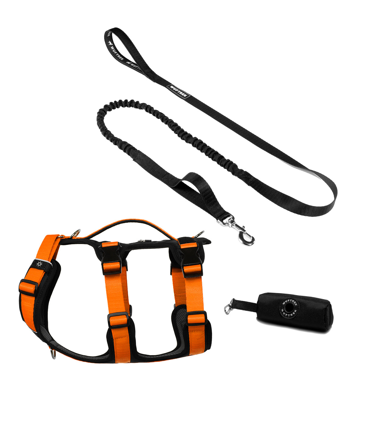 Dog set with orange TrekFit Y-3 harness, black TrekShock leash, and black waste bag holder