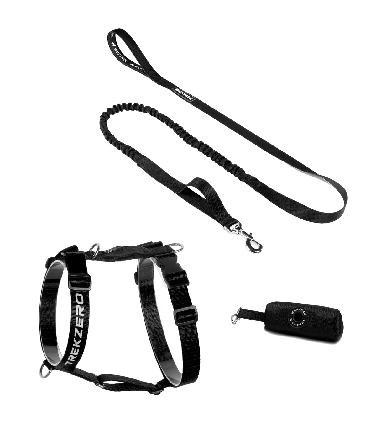 Dog set with black TrekZero H-Series harness, black TrekShock leash, and black waste bag holder