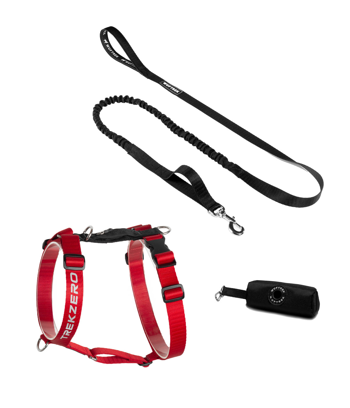 Dog set with red TrekZero H-Series harness, black TrekShock leash, and black waste bag holder