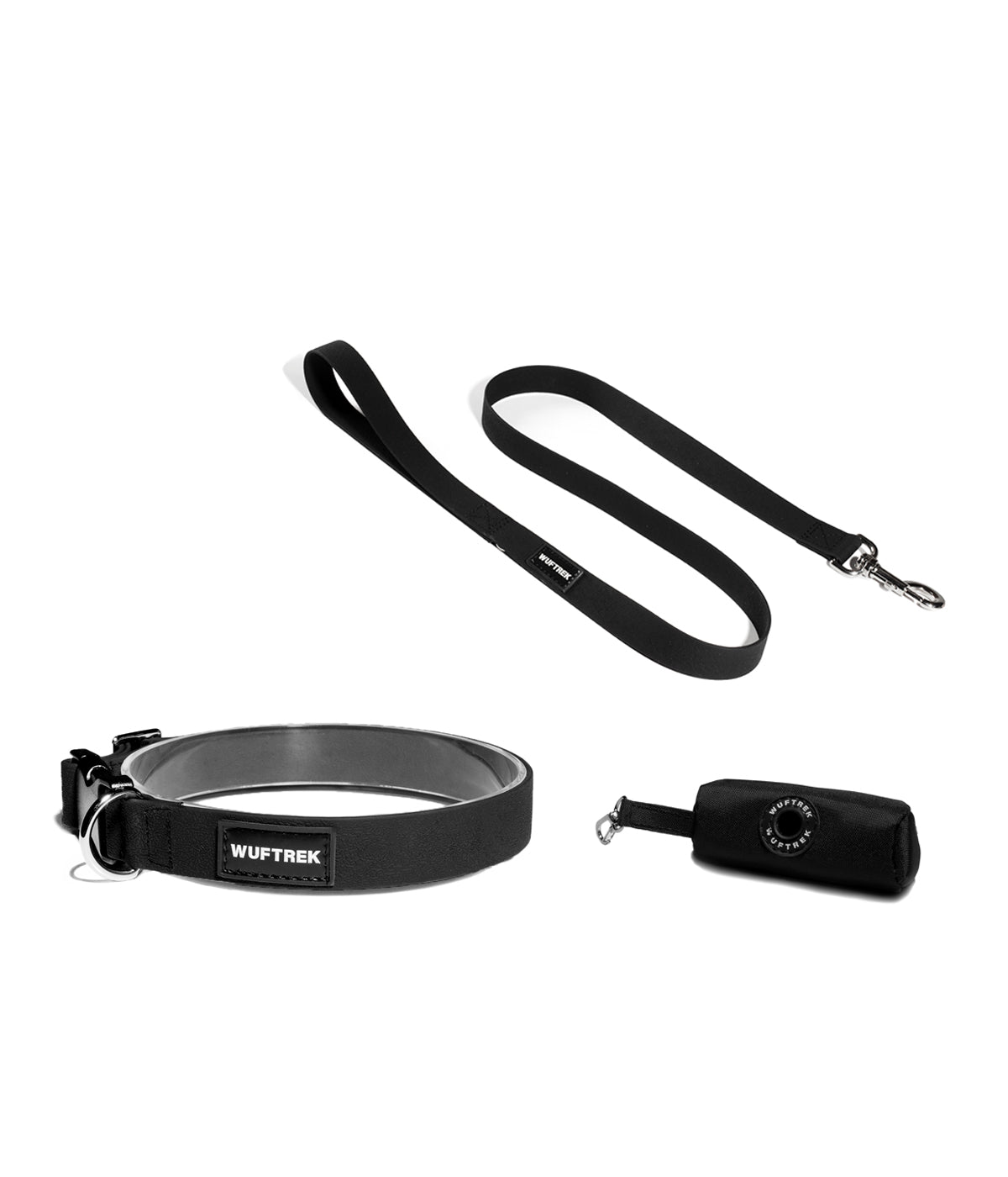Un collar negro en biothane, correa negra en biothane y estuche de bolsas de desecho en color negro