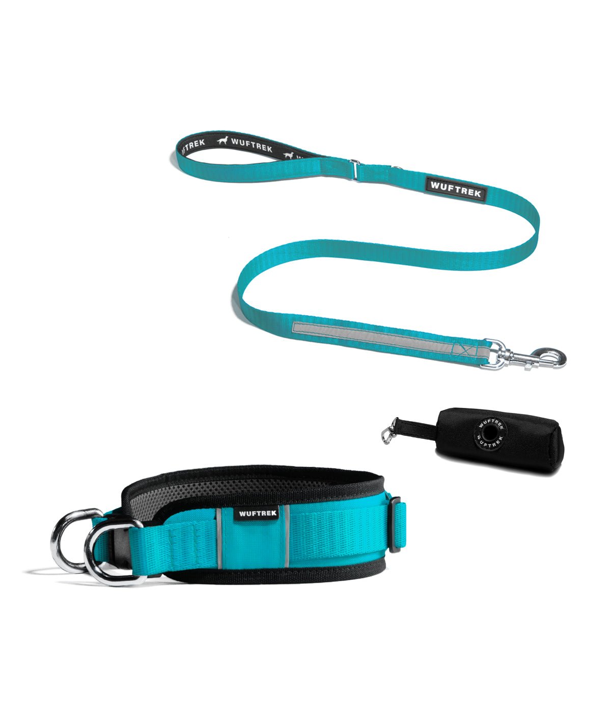 Combo de un collar ancho para perros grandes, correa y estuche en color azul turquesa