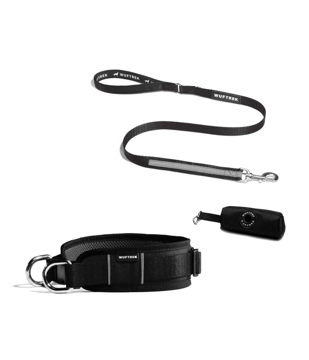Combo de un collar ancho para perros grandes, correa y estuche en color negro