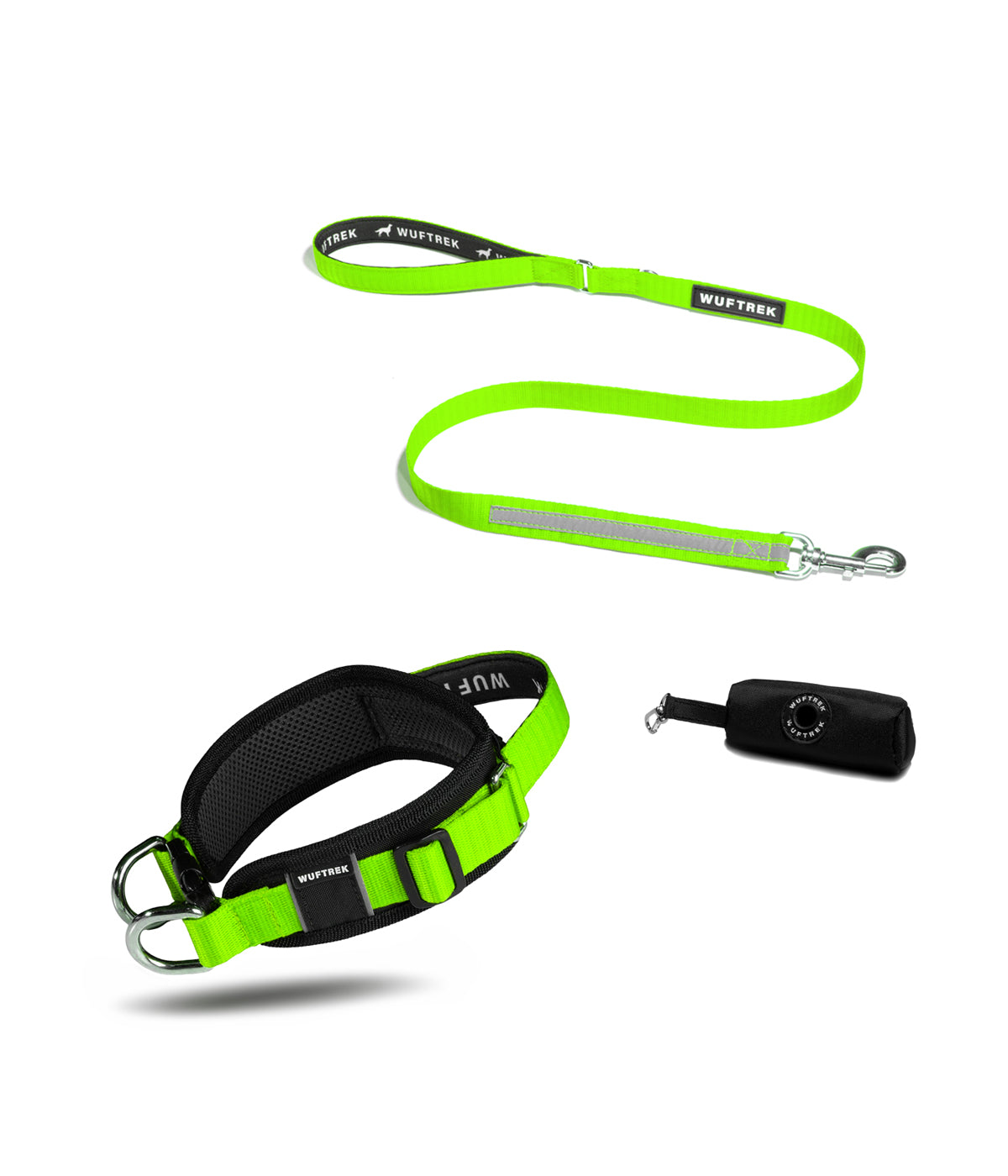 Dog set with wide black-and-lime green collar, lime green leash with neoprene handle, and black waste bag holder