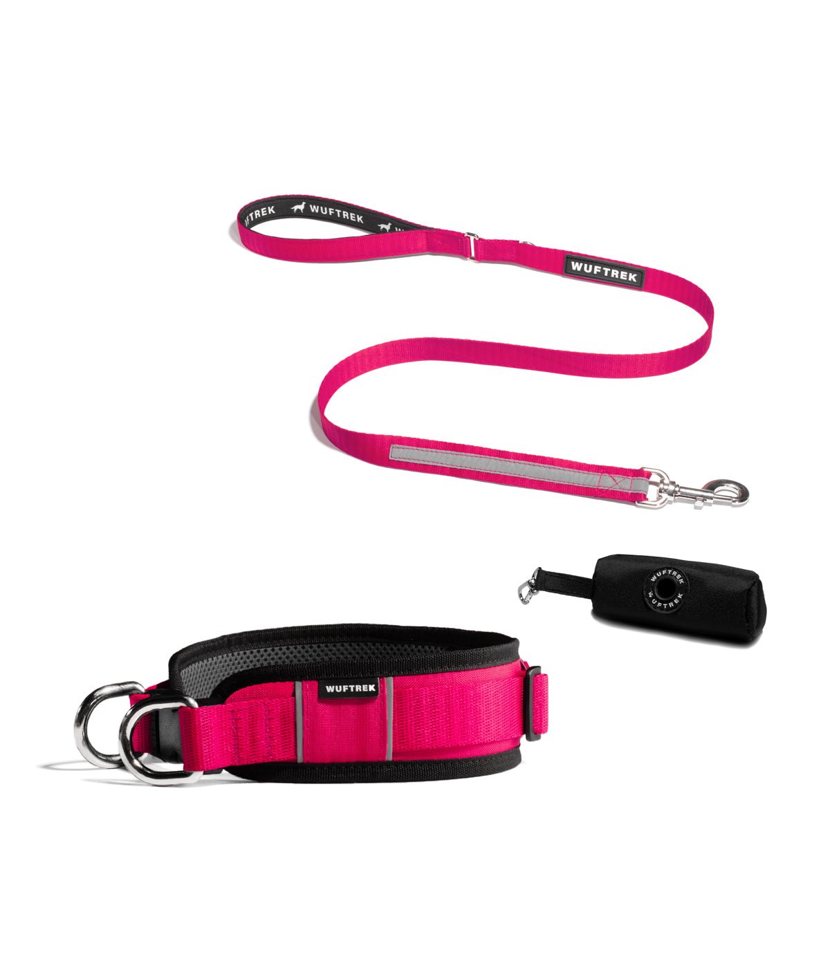 Combo de un collar ancho para perros grandes, correa y estuche en color fucsia