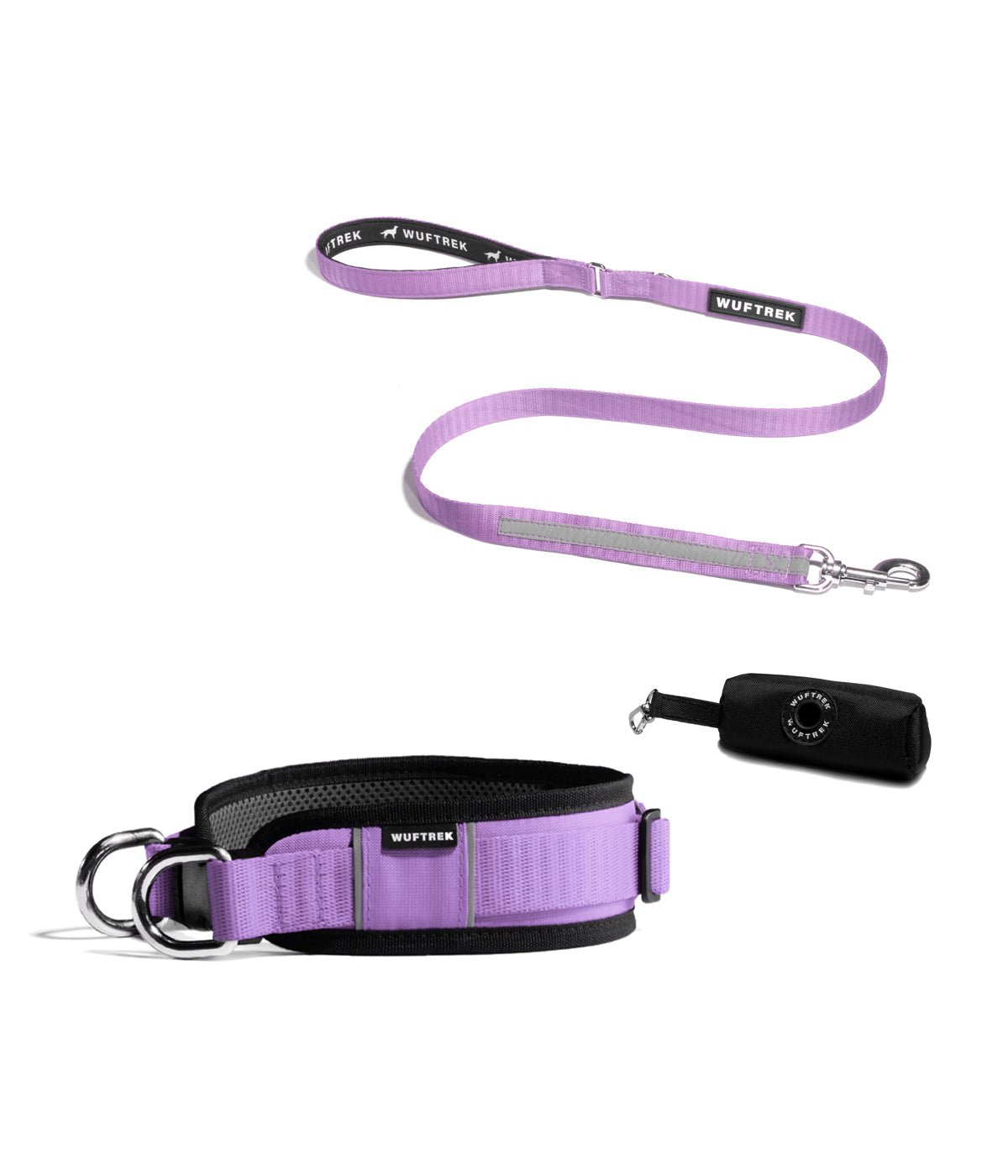 Combo de un collar ancho para perros grandes, correa y estuche en color lila