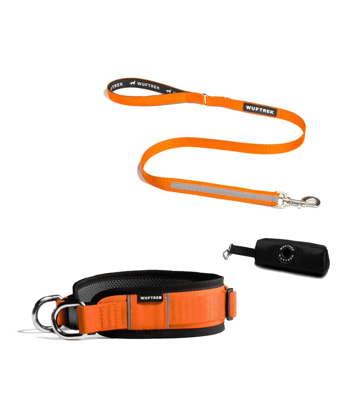 Combo de un collar ancho para perros grandes, correa y estuche en color naranja