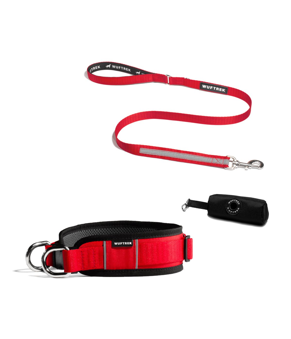 Combo de un collar ancho para perros grandes, correa y estuche en color rojo