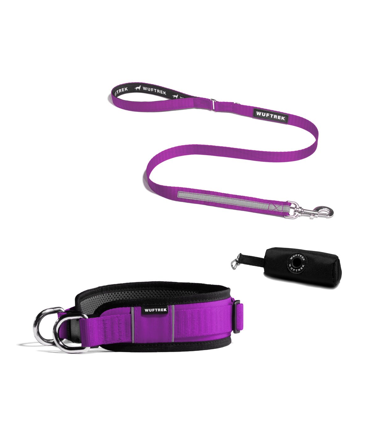Combo de un collar ancho para perros grandes, correa y estuche en color violeta