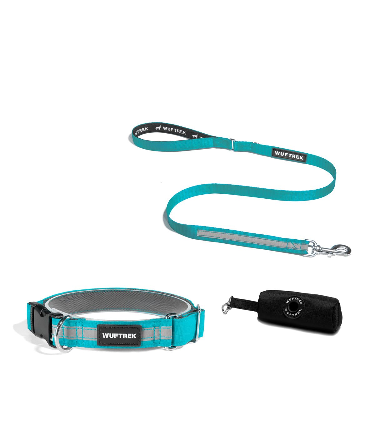 Combo de collar para perros TrekLite, correa y estuche color azul turquesa