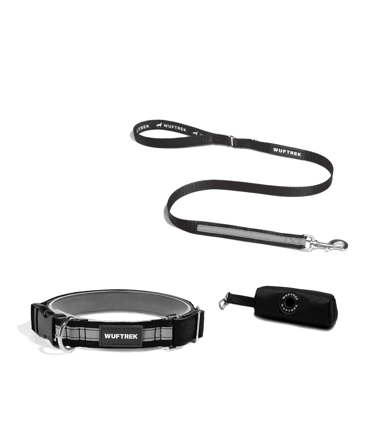 Combo de collar para perros TrekLite, correa y estuche color negro