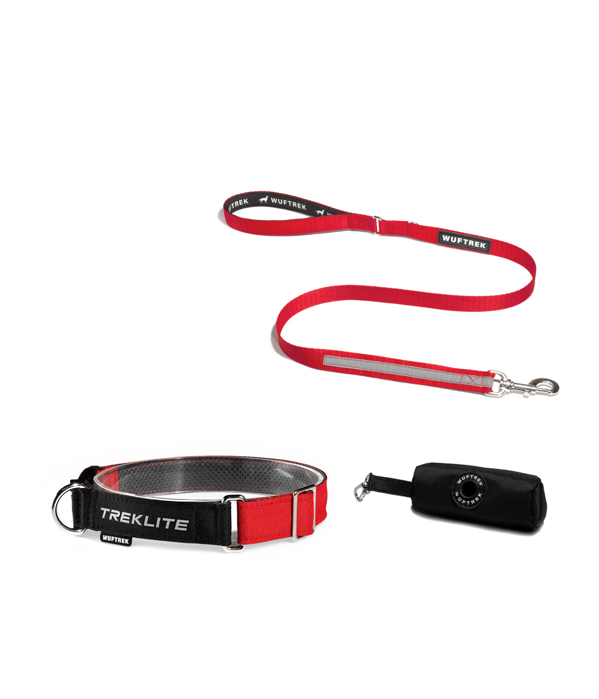 Sunset red dog set with TrekLite collar, TrekPro leash, and TrekBag waste bag holder