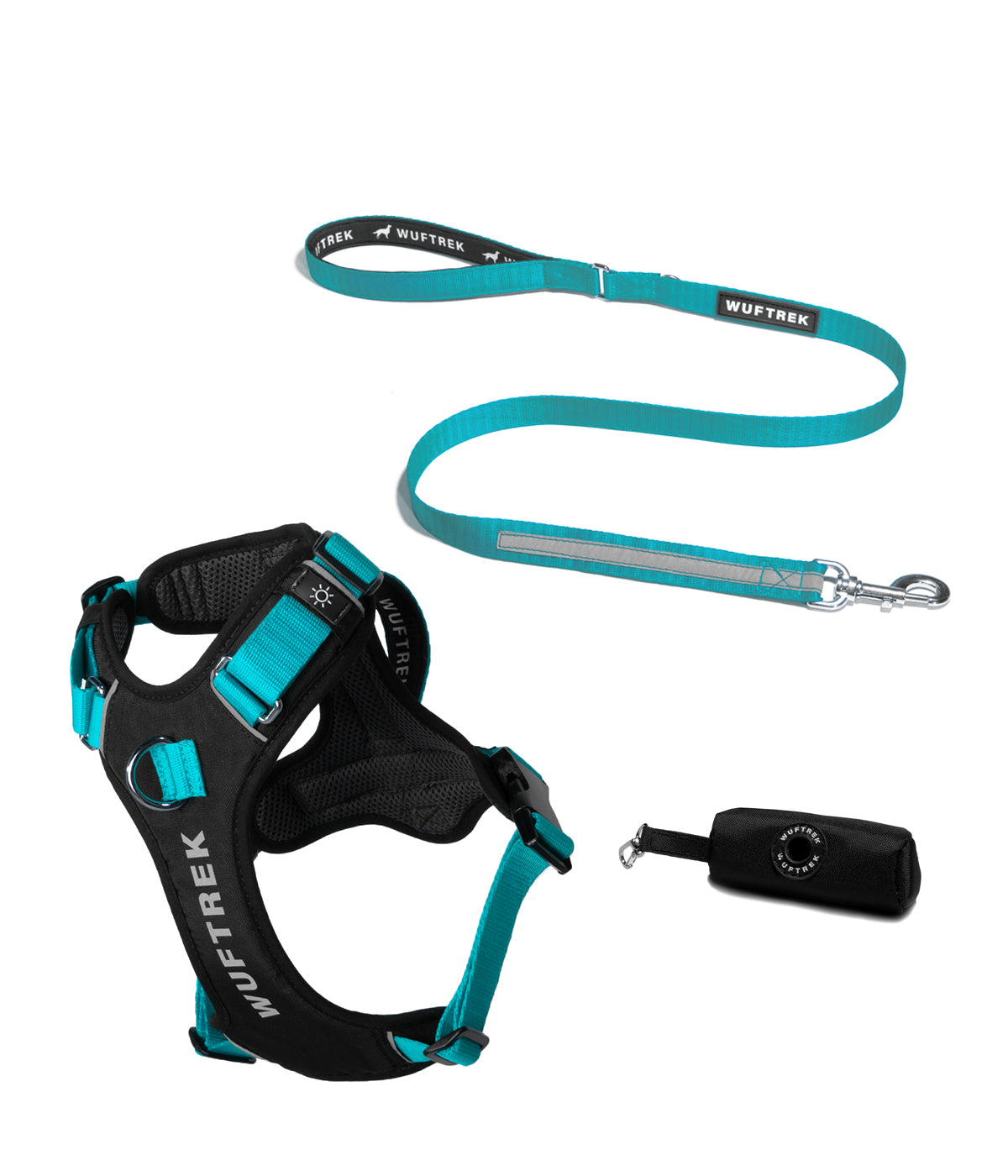 Dog accessory set with turquoise AirTrek Pro harness, matching TrekPro leash, and black waste bag holder