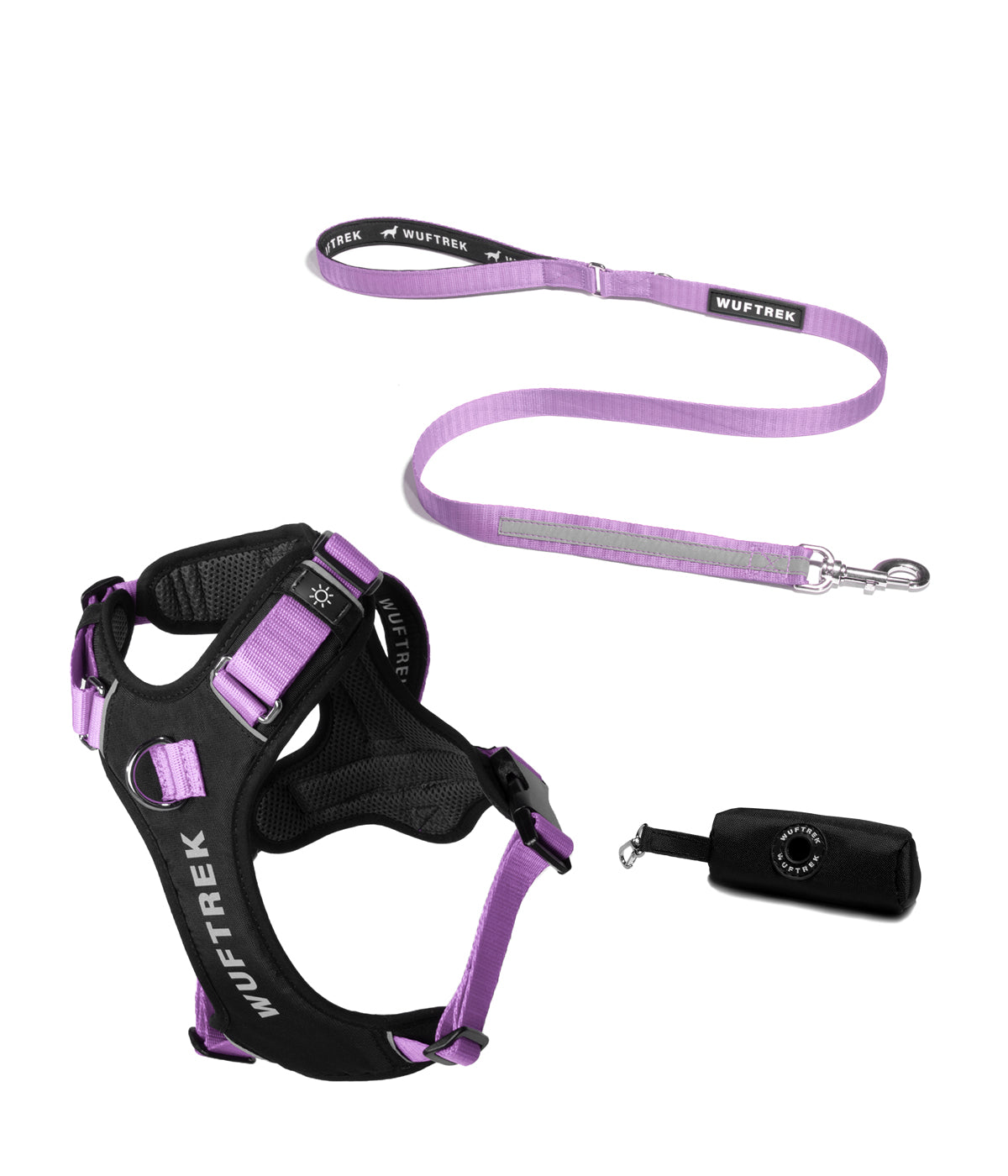 Dog accessory set with lilac AirTrek Pro harness, matching TrekPro leash, and black waste bag holder