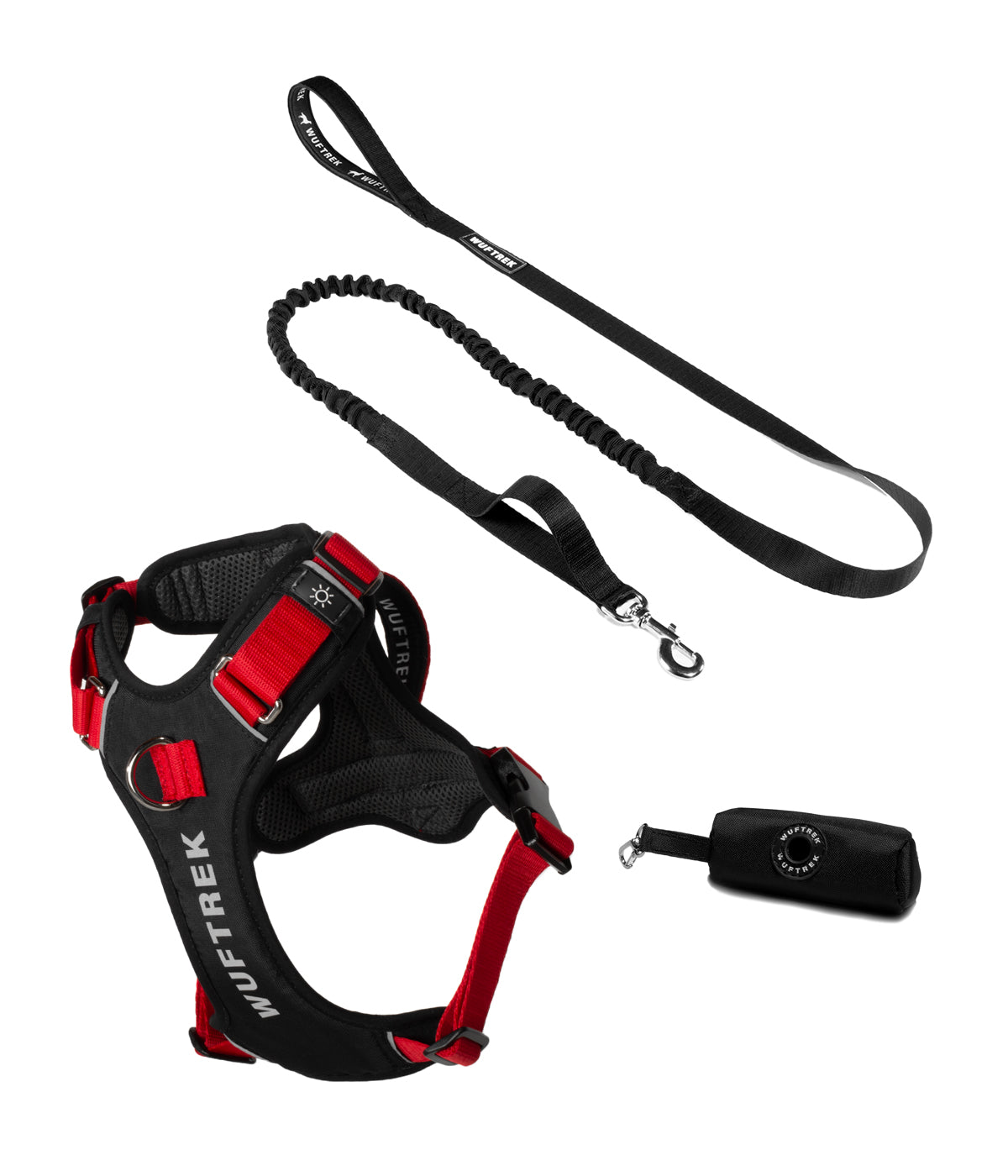 Dog accessory set with red AirTrek Pro harness, black TrekShock leash, and black waste bag holder