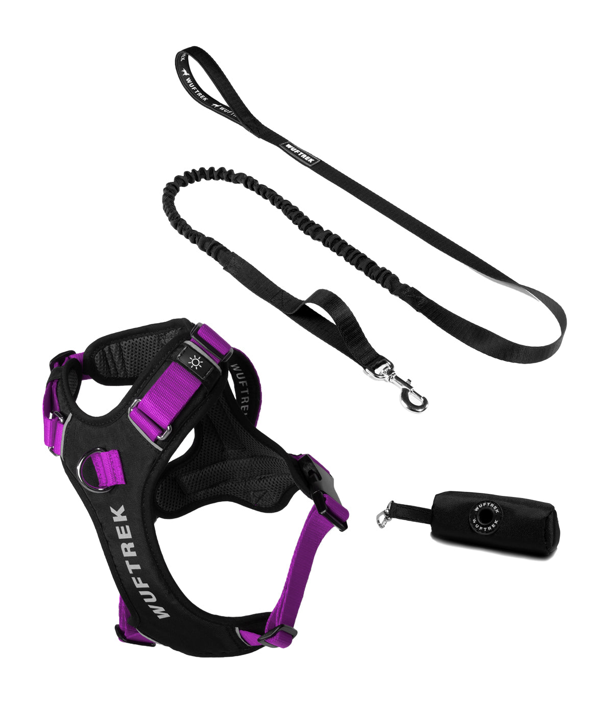 Dog accessory set with violet AirTrek Pro harness, black TrekShock leash, and black waste bag holder