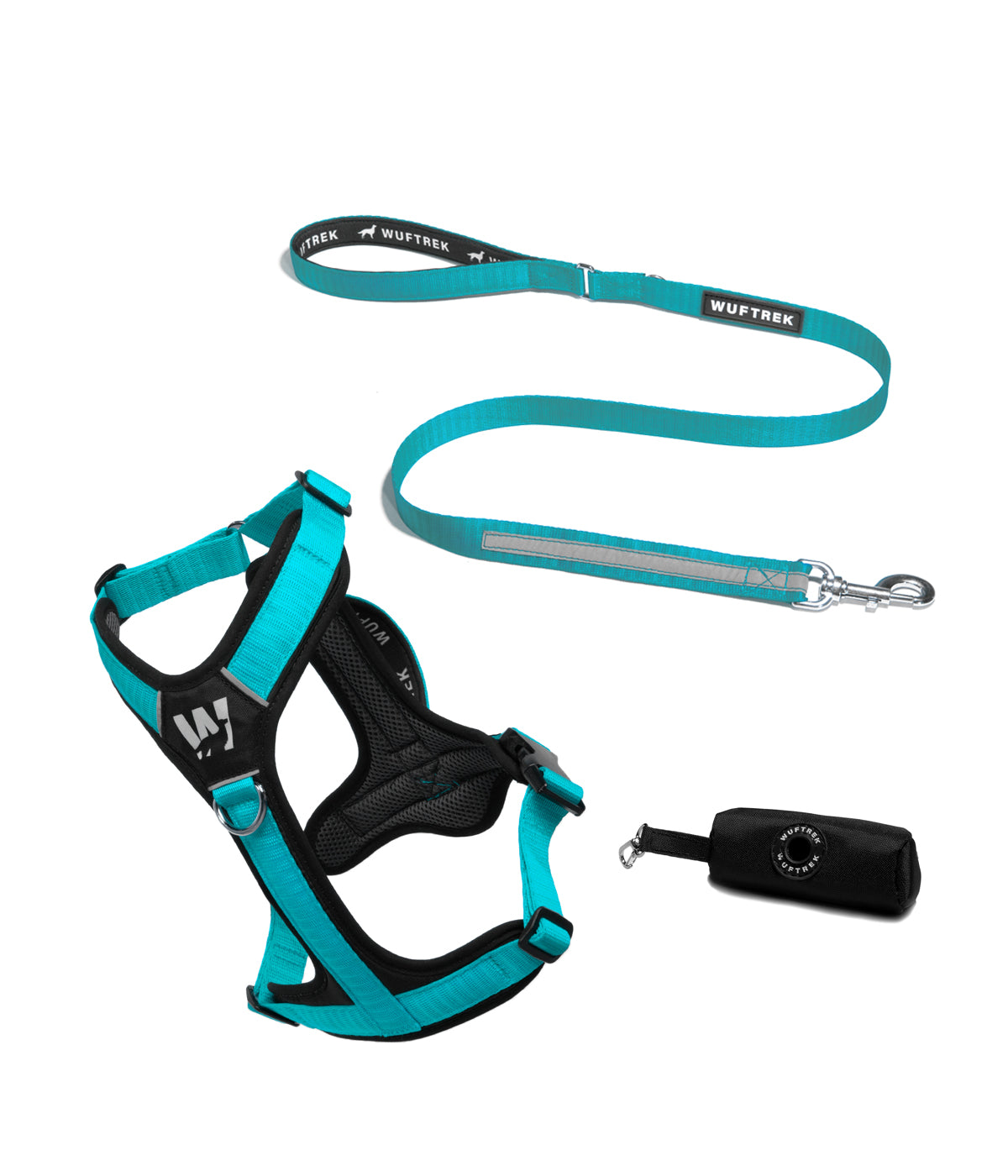 Dog set with Aqua-and-black Y-shaped harness, Aqua reflective leash, and black waste bag holder
