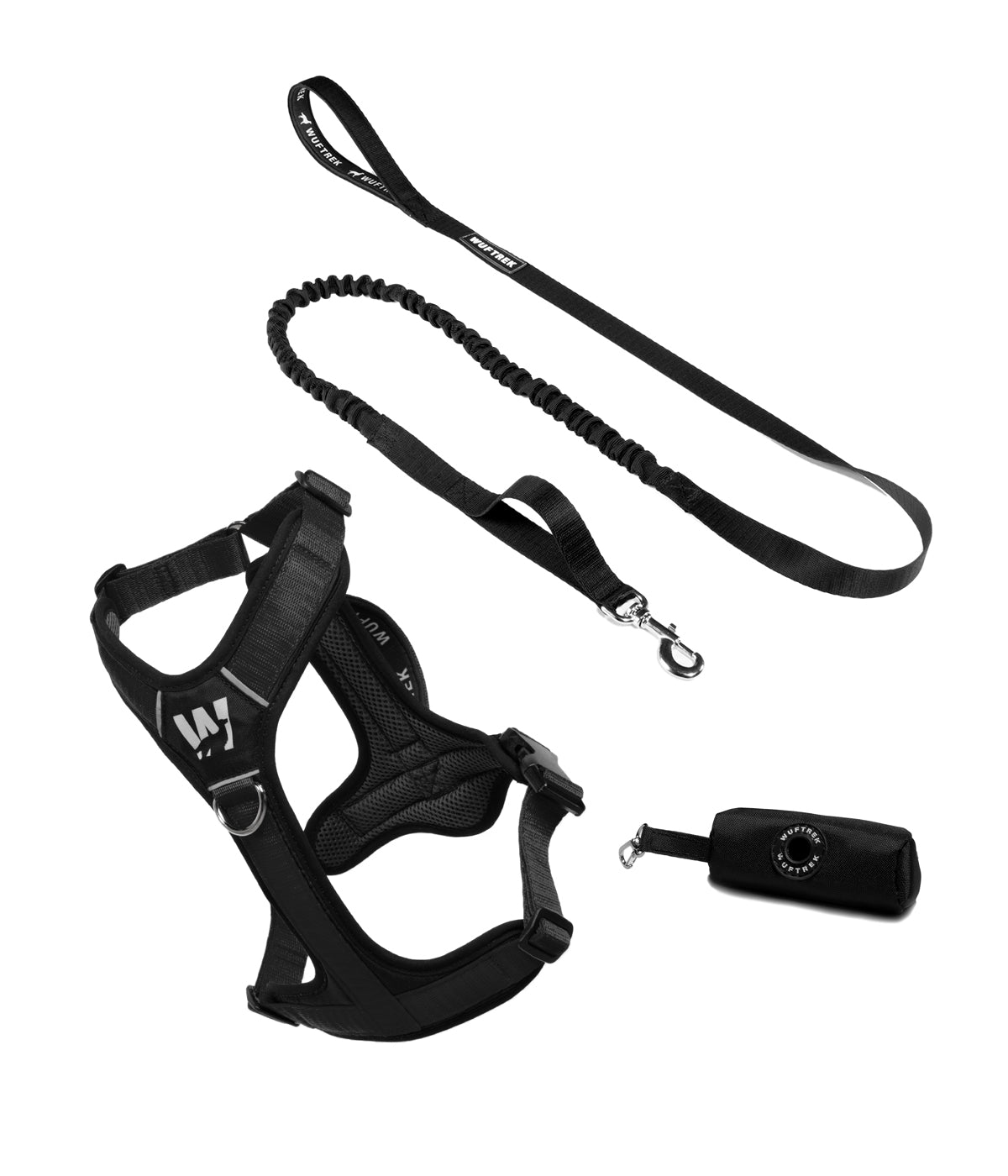 Dog set with black Y-shaped harness, black bungee leash, and black waste bag holder