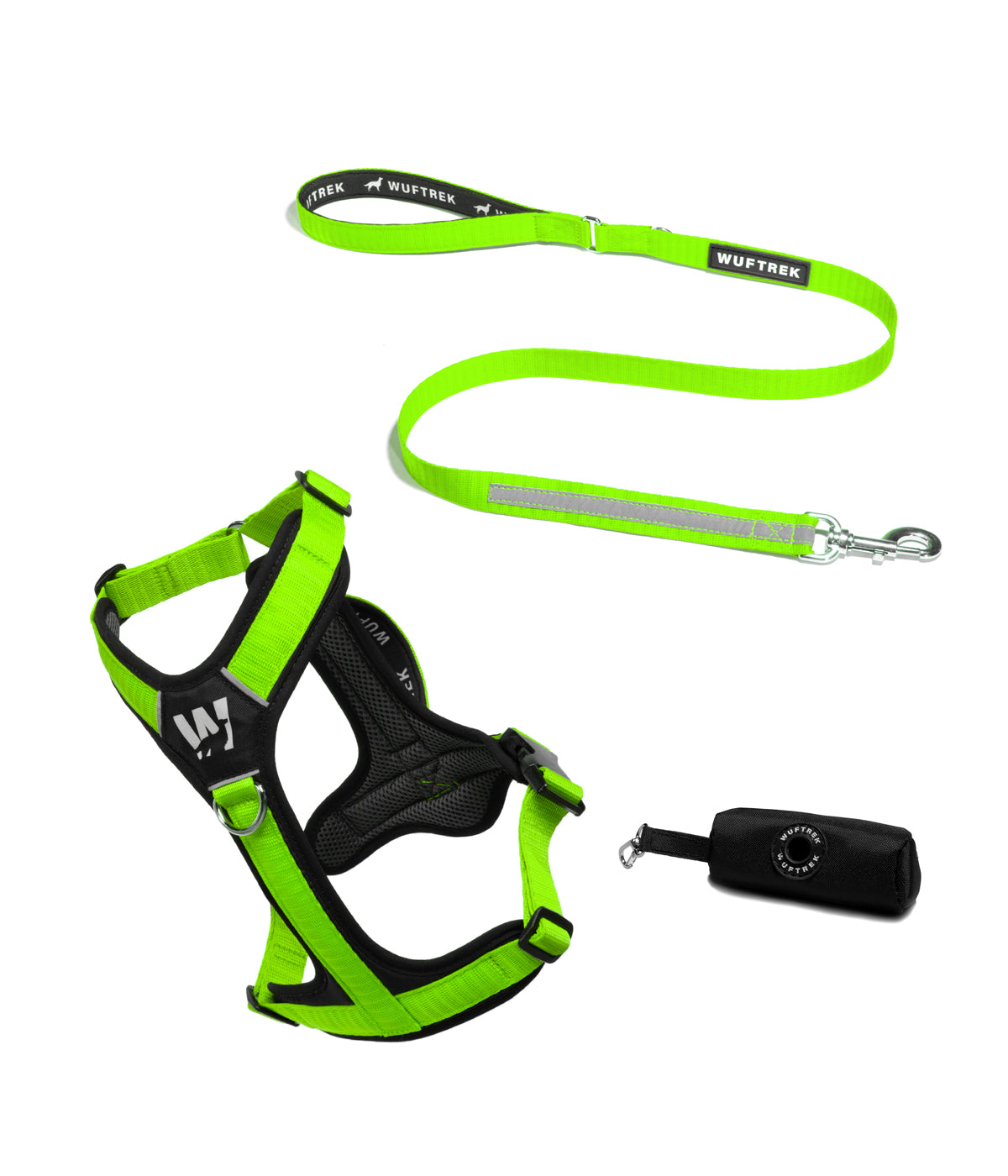 Dog set with green-and-black Y-shaped harness, green reflective leash, and black waste bag holder