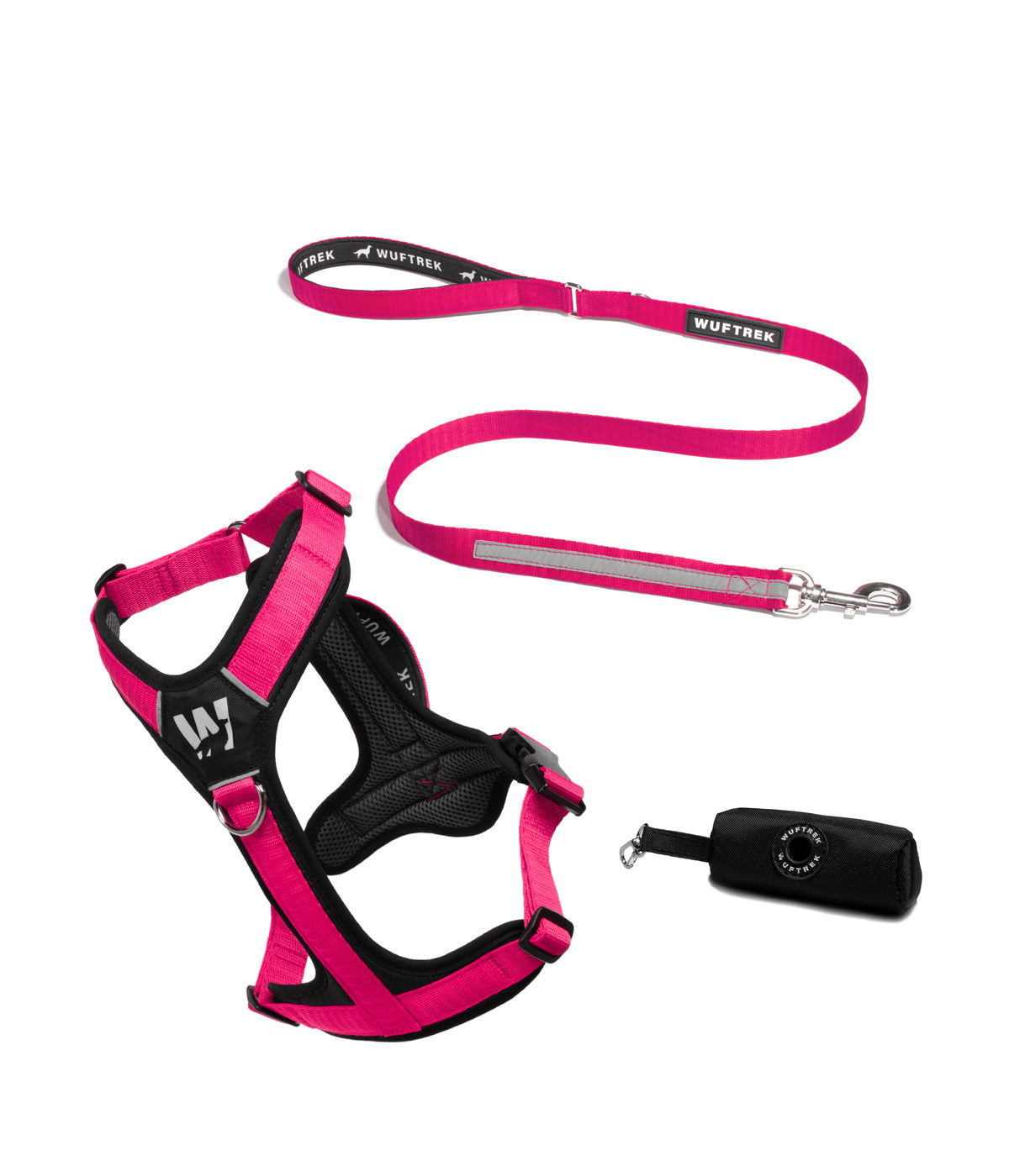 Dog set with fuchsia-and-black Y-shaped harness, fuchsia reflective leash, and black waste bag holder