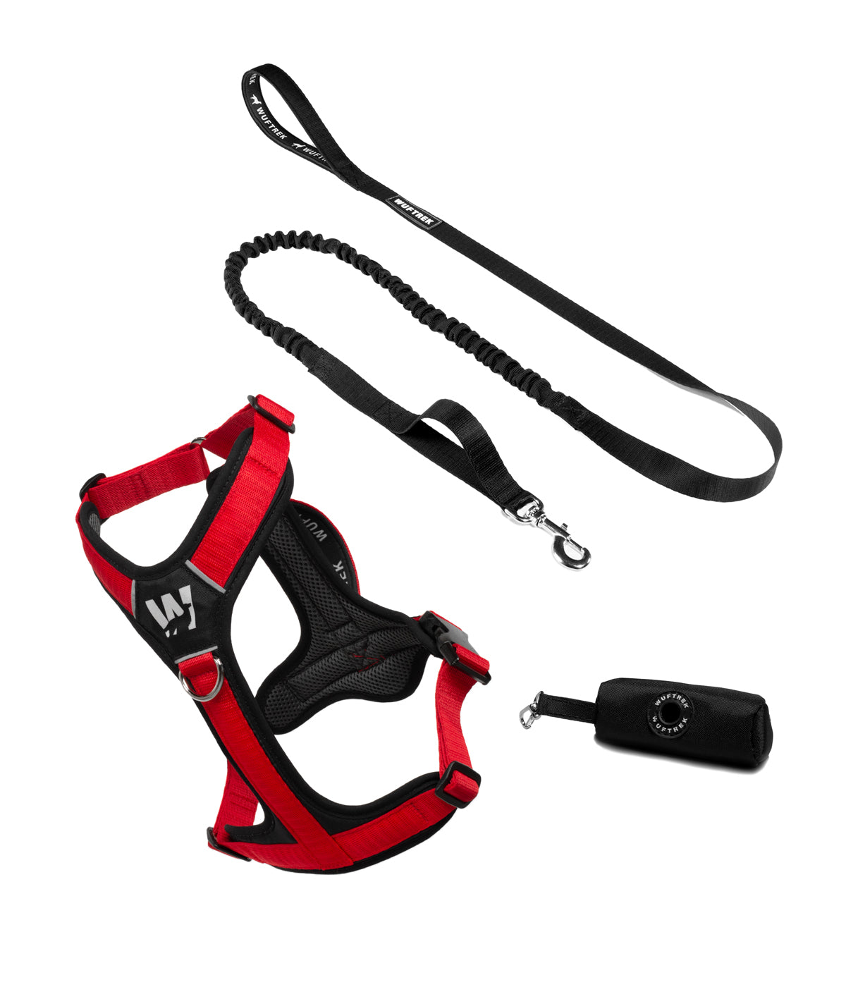 Dog set with red-and-black Y-shaped harness, black bungee leash, and black waste bag holder