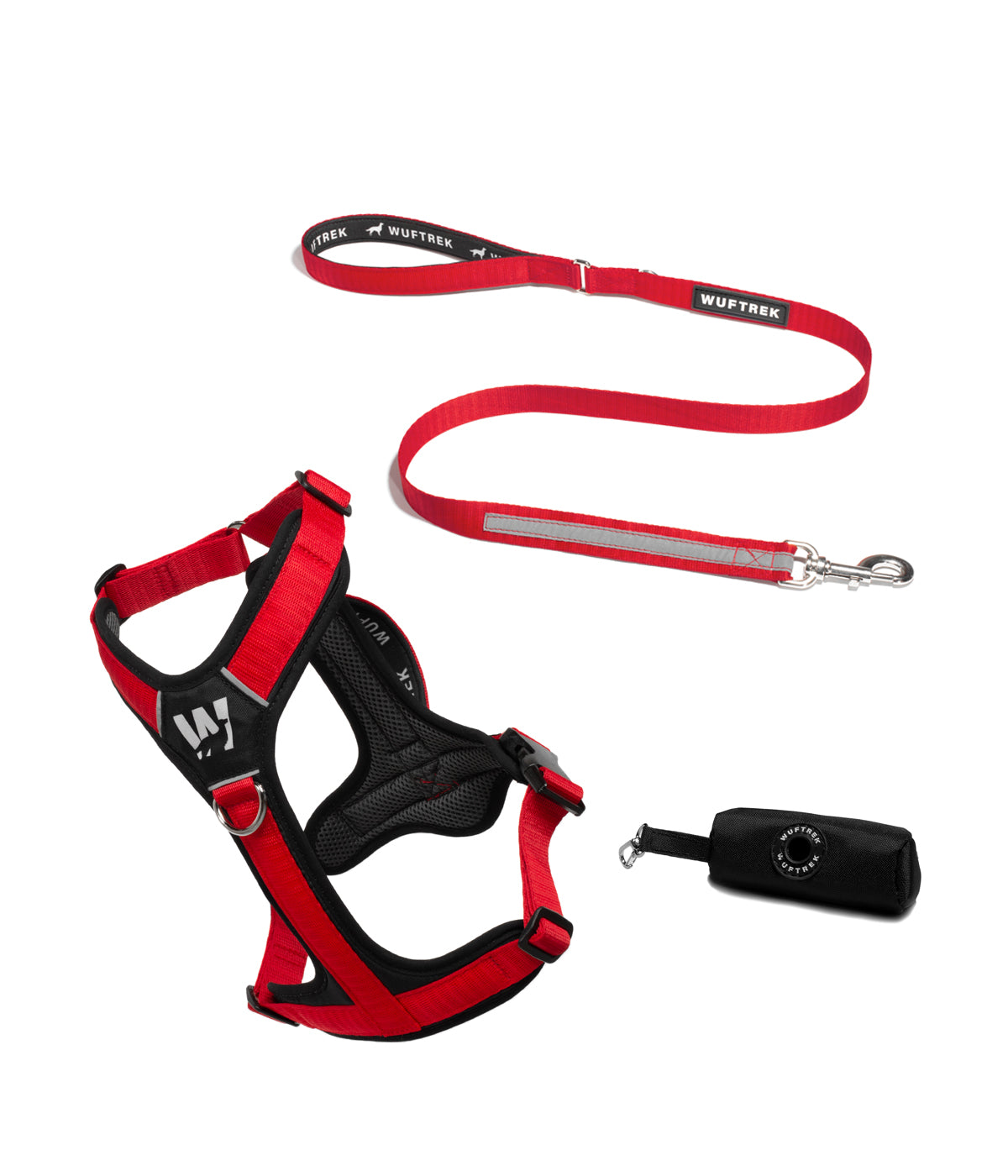 Dog set with red-and-black Y-shaped harness, red reflective leash, and black waste bag holder
