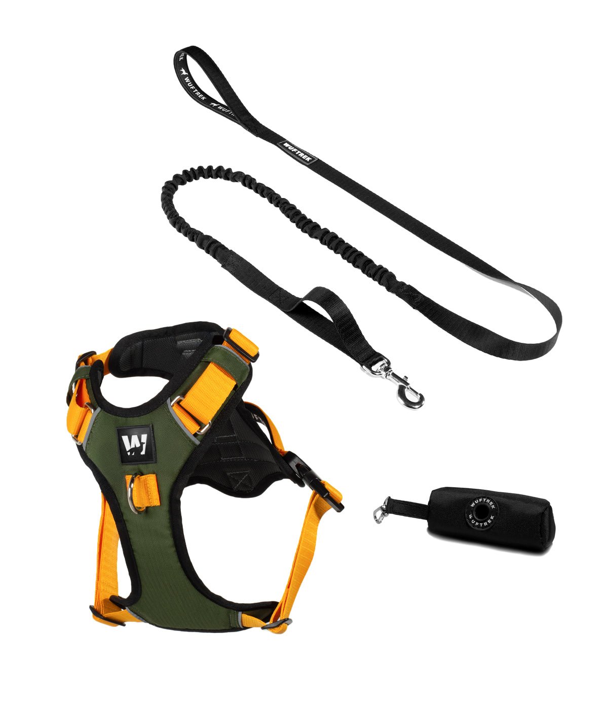AirTrek dog harness set with TrekShock dog leash in military green and yellow