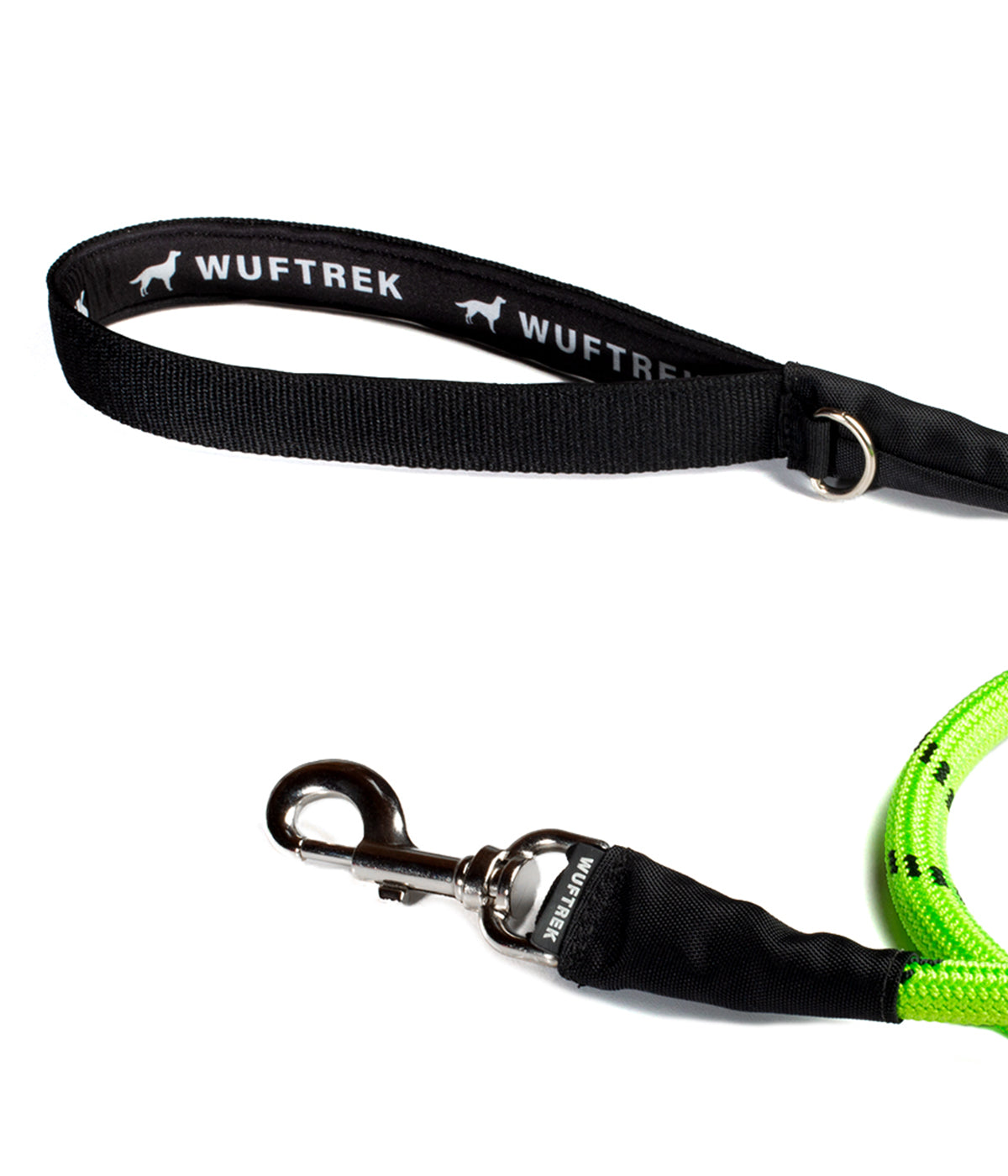 Hardware and neoprene-lined handle detail on the neon green TrekCord dog leash