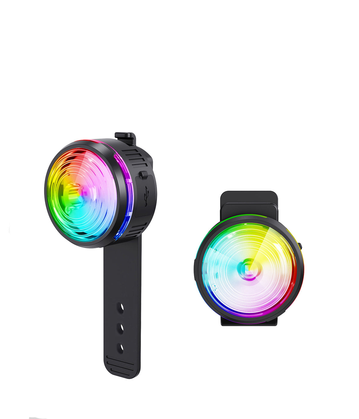 Multicolor LED dog light with a plastic strap and a second light beside it