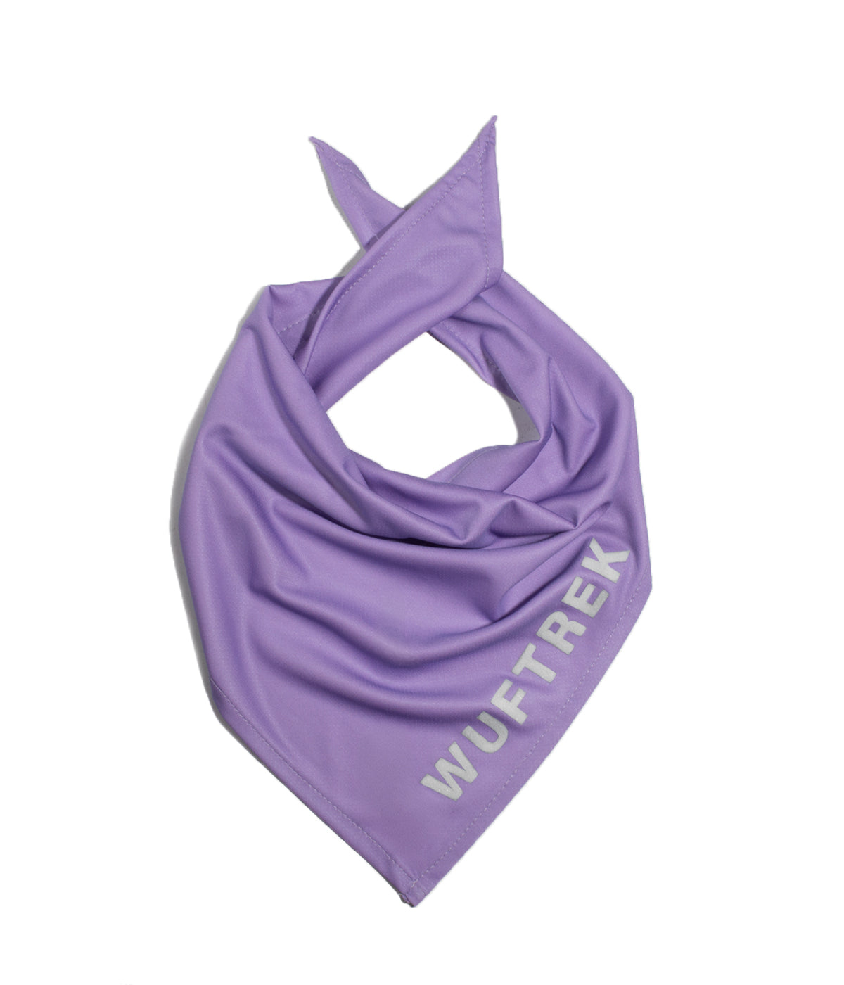 Lilac fabric dog bandana with WUFTREK branding on one edge