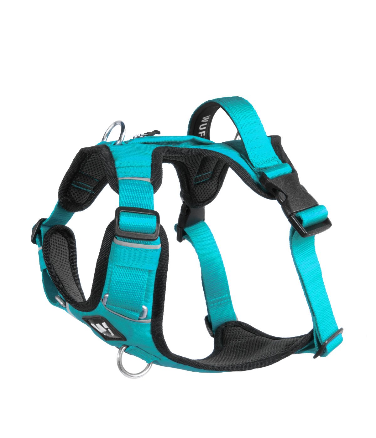 Vista de lado de una pechera para perros AirTrek color azul turquesa