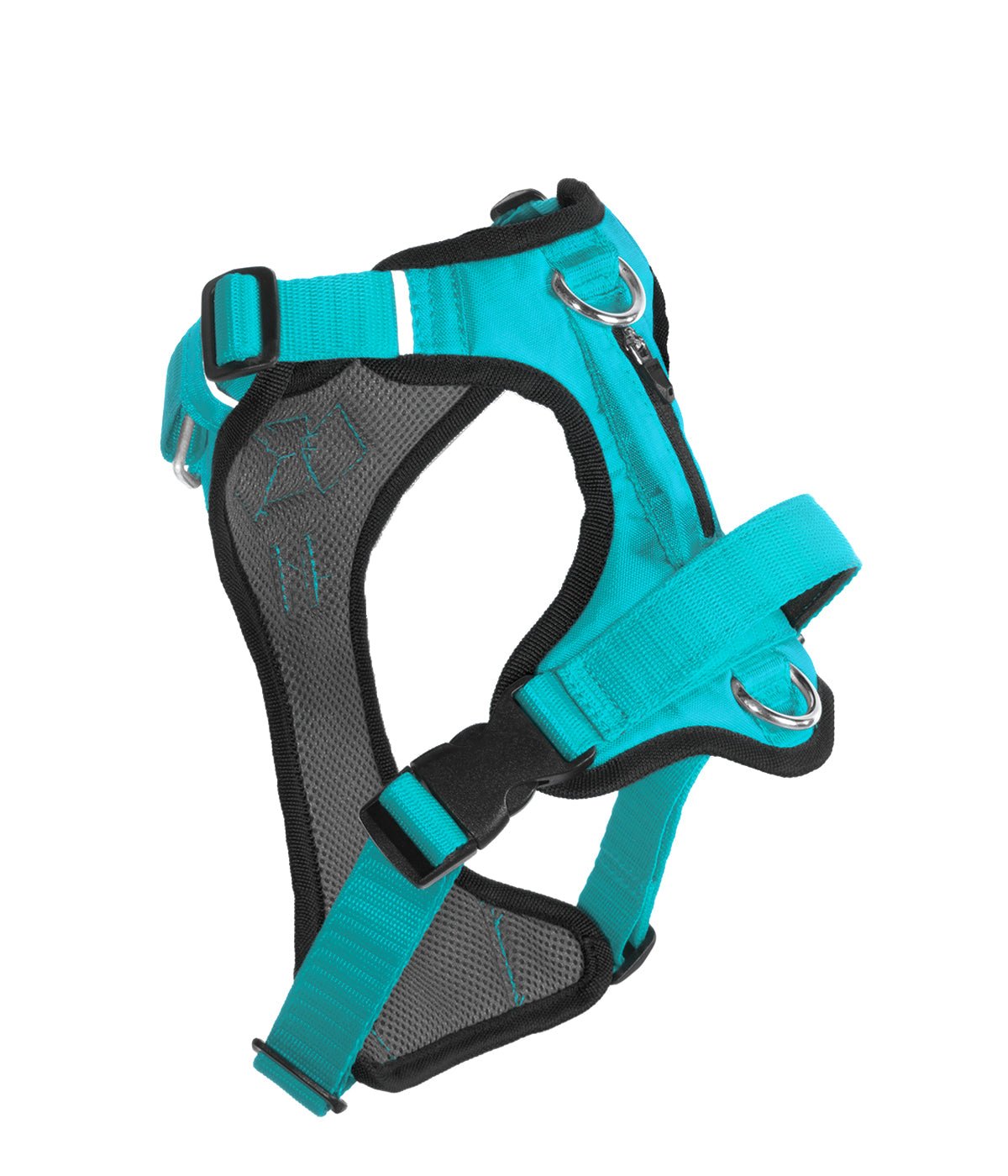 Vista posterior de una pechera para perros AirTrek color azul turquesa