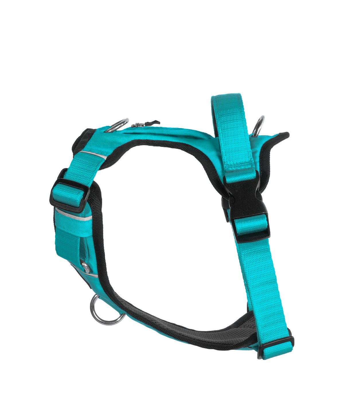 Una pechera para perros marca WUFTREK color azul turquesa vista de lado