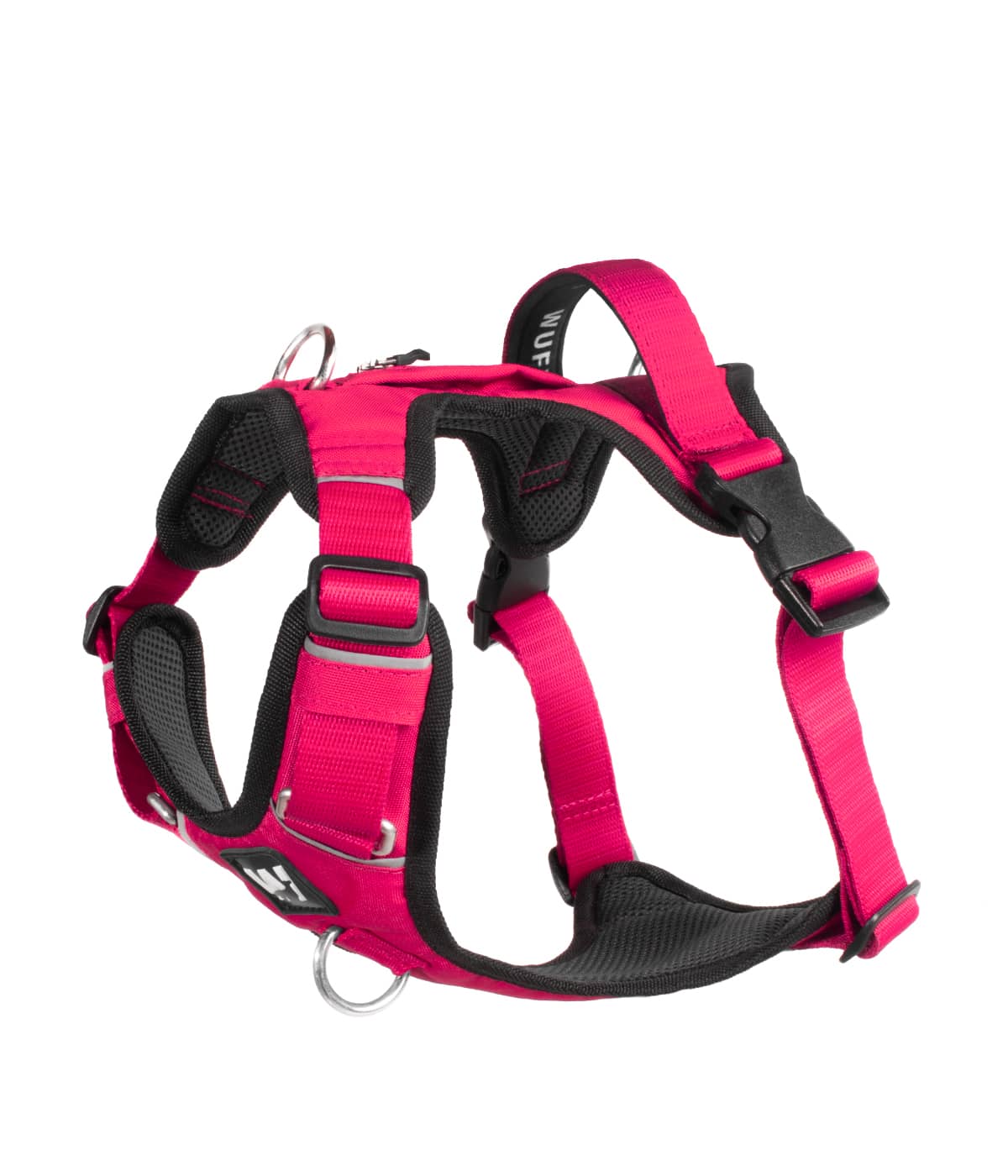 Una pechera para perros color fucsia vista de lado