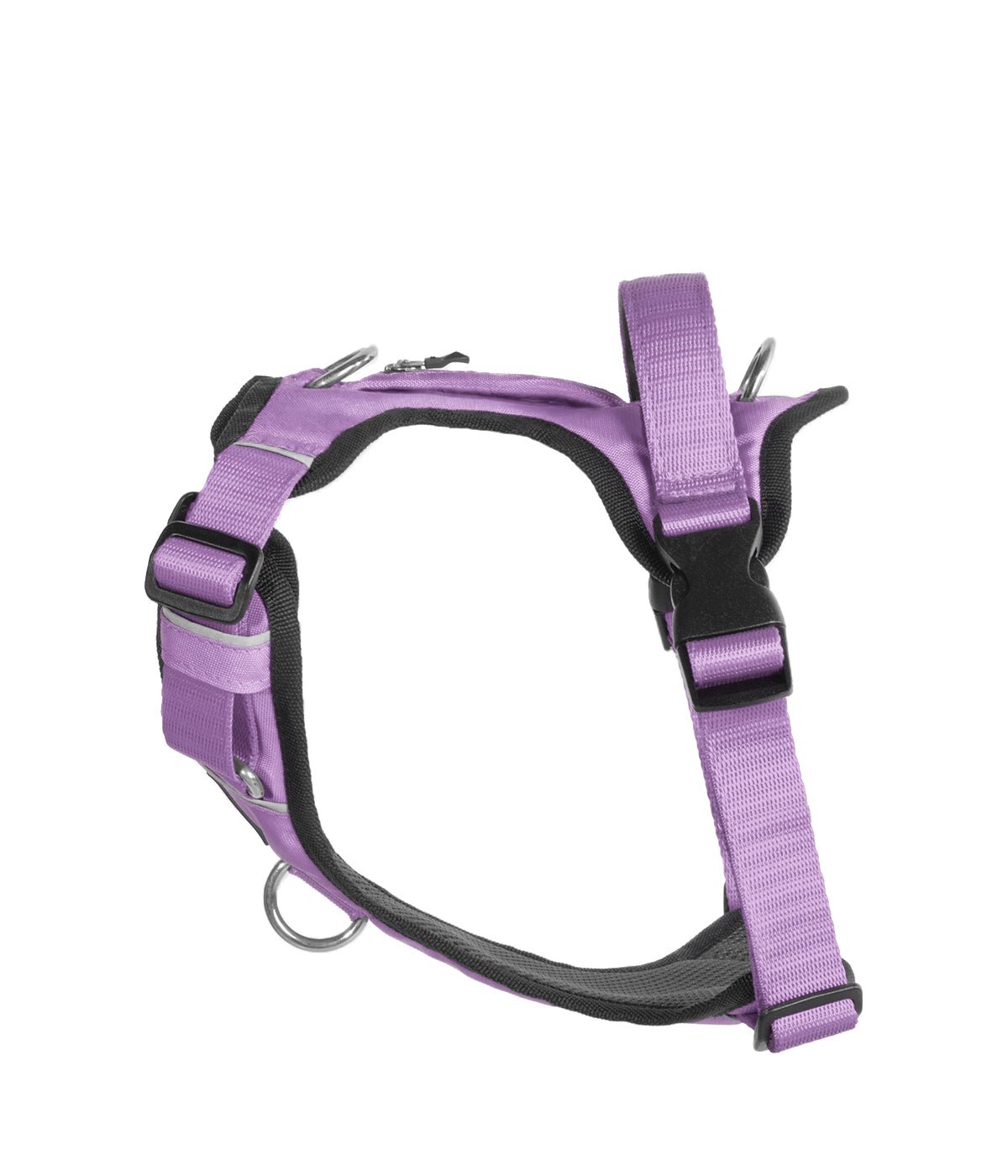 Una pechera para perros marca WUFTREK color lila vista de lado