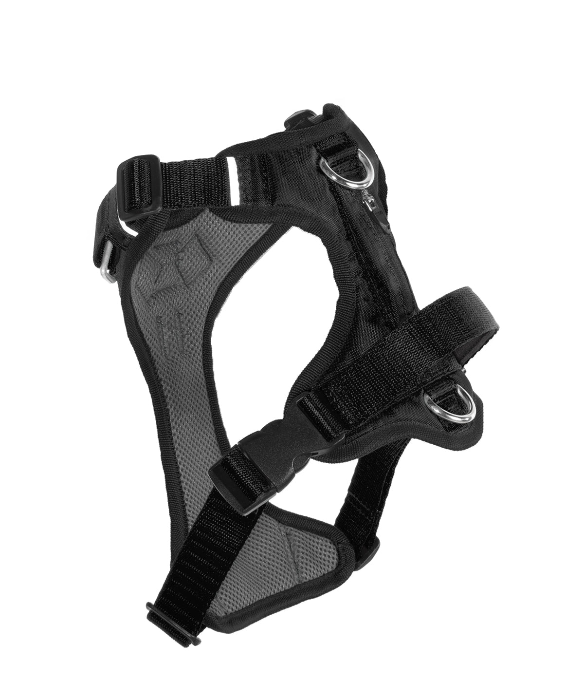 Ergonomic rear view of a black dog harness