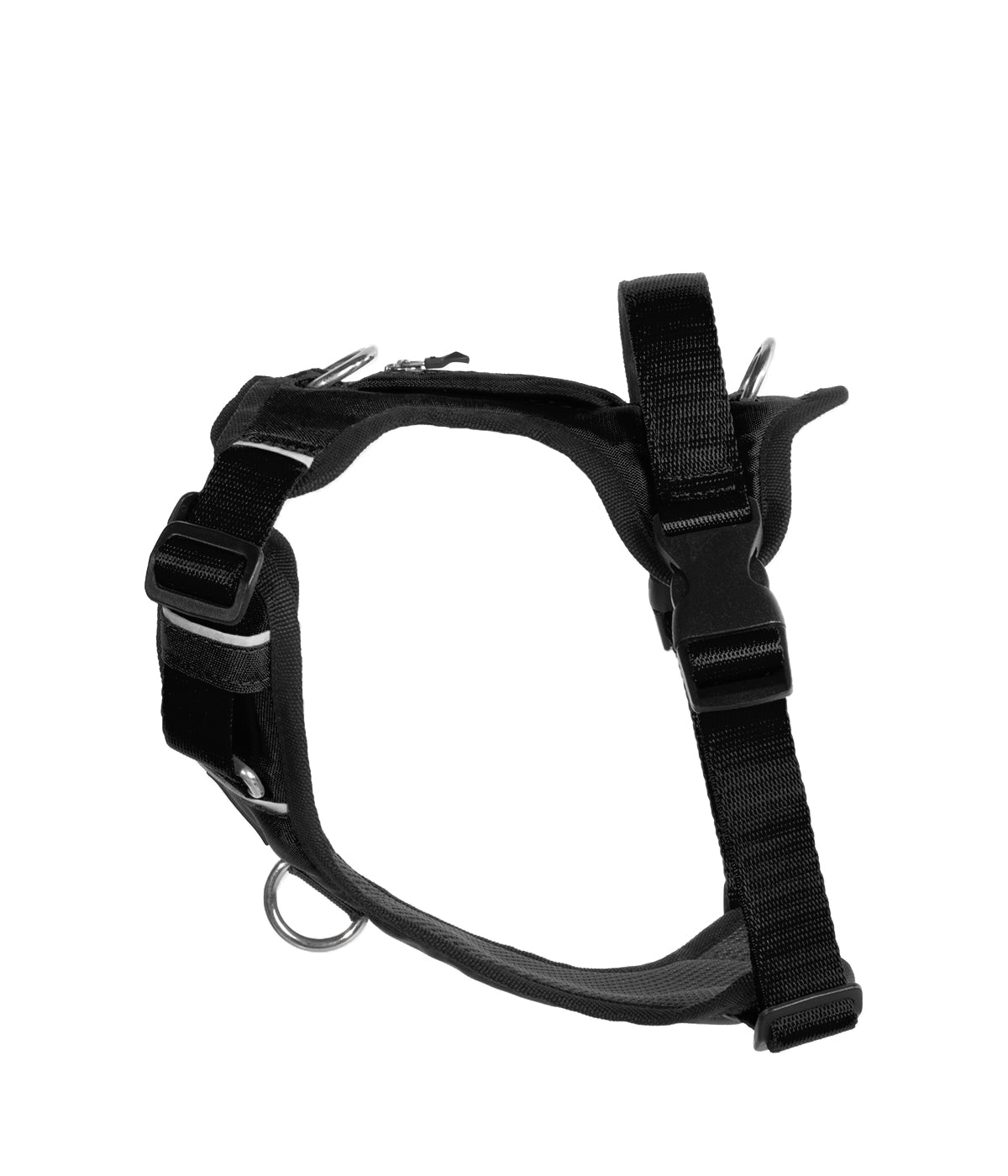 Side view of a black dog harness